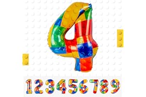 MACLUNAR Building Block Number Balloon,Number 4 Balloon Birthday Decorations,Colorful Block Helium Balloon Number 4 Helium Balloon for Birthday Party Decorations Lego Theme Party Boy Girl