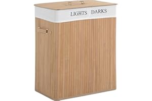 HOMCOM 100L Collapsible Natural Wood Laundry Hamper Organizer Clothes Washing Basket Bin Storage Box w/Lid Removable Lining 52x32x63cm, Wood Color