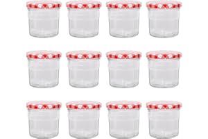 Argon Tableware Glass Jam Jars with Airtight Red Gingham Lids - 130ml - Pack of 12 - Empty Screw Top Kitchen Storage Jar for Food, Honey, Spice, Pickling, Preserving, Candle Making