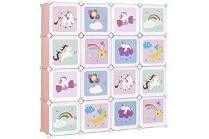 SONGMICS Regalsystem mit 16 Würfeln, Aufbewahrungsschrank für Kinder, Kleiderschrank mit Türen, Schuhregal aus Kunststoff, Steckregal, Mehrzweck, Schuhe, Spielzeug, 123 x 31 x 123 cm, rosa LPC906P01