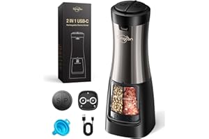 SANGCON-EP Sangcon USB Ricaricabile 2 in 1 Macina Sale e Pepe Elettrico, Funzionamento Automatico con una Sola Mano, Luce LED, Macinini in Ceramica Regolabili(Metallo Metallico)