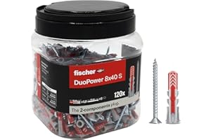 Fischer Propack Duopower 8 x 40 cm, 120 chevilles avec vis en pot réutilisable, pour fixation sur béton, maçonnerie et cloison sèche, 572886