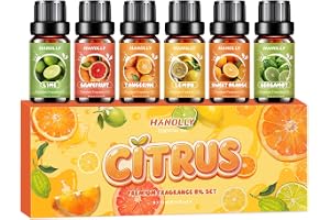 HANOLLY Eteriska Oljor Citrusfrukter för Diffusor 6 x 10ML | Set med Eteriska Oljor Naturliga för Aromaterapi, Tvål, Spa, Massage, Gör-Det-Själv Ljus -Citron, Grapefrukt, Lime, Mandarin