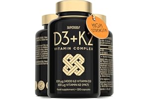 SUPERSELF Vitamin D3 K2 Capsules - High Strength Vitamin D Tablets - 4000 IU VIT D & 100mcg VIT K MK7- UK Made Vegetarian D3 and K2 Vitamins Supplement for Strong Bones, Teeth, Immune System - 120 Capsules