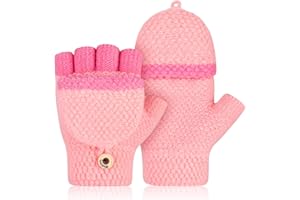 Kiiwah Rękawiczki dziecięce z czapką, rękawiczki zimowe, bez palców, dla dziewcząt i chłopców w wieku 5-12 lat, ciepłe rękawiczki dziecięce, dziergane, 2 rozmiary