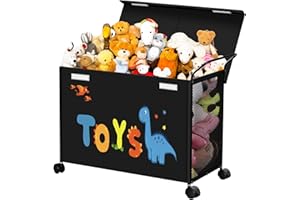 Homsorout Kids Large Toy Storage Box 72L Toy Chest on Wheels, Dinosaur Toy Storage Box with Lids, Black Storage Organizer Boxes Bins Baskets Trunk for Children, Boys, Girls, Nursery, Playroom(Black)