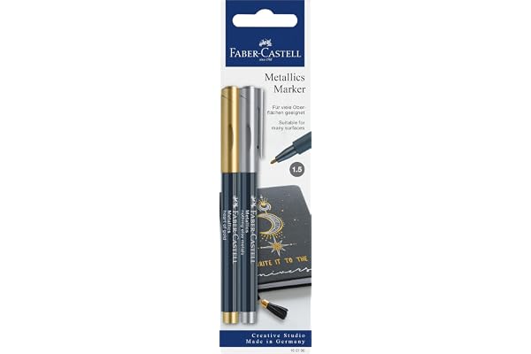 Faber-Castell 160796 - Marqueur métallique avec pointe en fibre, largeur de trait 1,5 mm, convient à de nombreuses surfaces, avec effet métallique or et argent, lot de 2