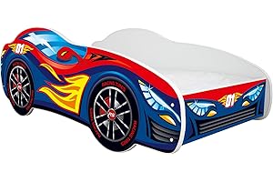 Topbeds Letto per bambini AUTO DA CORSA 140x70 cm, Rosso Blu, con Materasso in Schiuma, Struttura in Legno di Faggio, Costruzione Durevole, Sicuro, Confortevole, Design Unico