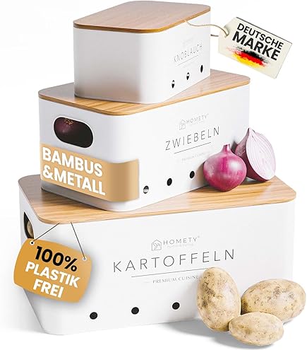 POWZOO Set van 4 aardappeldozen, voorraadpotten voor de keuken, aardappelen, uien, met dunschiller, metalen opslag, luchtdoorlatend ontwerp, houdt groenten langer vers (zwart