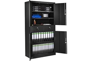 TecTake Armoire de Rangement Metal Armoire de Bureau avec Serrure 4 Portes battantes et 2 tiroirs verrouillables pour Rangement Dossier, 90 x 40 x 180 cm - Noir