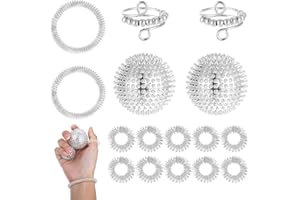 JEQQINUZ 16 Stück Anti Stress Spielzeug Skills Set, 10 Akupressur Ring, 2 Massageringe für Finger, 2 Akupressur Armband, 2 Stress Spielzeug für Stressabbau Erwachsene und Massage(Silber)