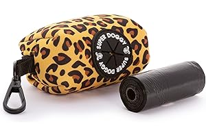 SUPER DOGGY Distributeur de sacs à crottes pour chiens - Porte-sac à crottes avec motifs amusants - Sacs à crottes pour chiens - Rouleau de sacs inclus (Leopard)