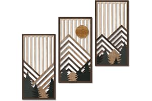 3 Pack Boho Abstract Wall Art, Geometric Botanical Design, Modern Minimalist Style, Wooden Frame, Beige and Brown, Living Room Bedroom Office Wall Decor (Mountain Sun, 8 * 15.6in)