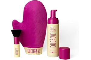 Paquete de bronceado Coco & Eve Sunny Honey Bali (oscuro). Espuma bronceadora natural sin sol. Loción autobronceadora instantánea con bronceador, guante aplicador y cepillo Kabuki.