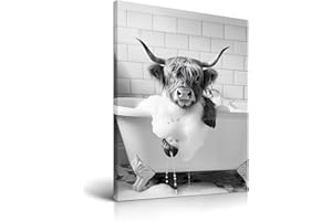HesenDot Funny Bathroom Wall Art,Highland Cow in the Bathtub Framed Poster,30x40CM Cute Cow Taking a Bubble Bath Canvas Print,Lovely Animal Picture Home Decor for Kid Bedroom Nursery,Set of 1