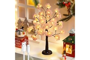 GOESWELL Lighted Christmas Decorations Twig Tree:24 LED Lights Artificial Pink Cherry Blossom Bonsai Tree Lamp Table Decor Fairy Night Light for Home Decor, Bedside, Living Room, Dinning Room Centerpiece