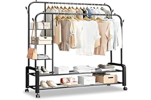 MONKLE - Appendiabiti da terra, Appendiabiti con ruote,stand appendiabiti con 4 strati di stoccaggio sul lato(nero)