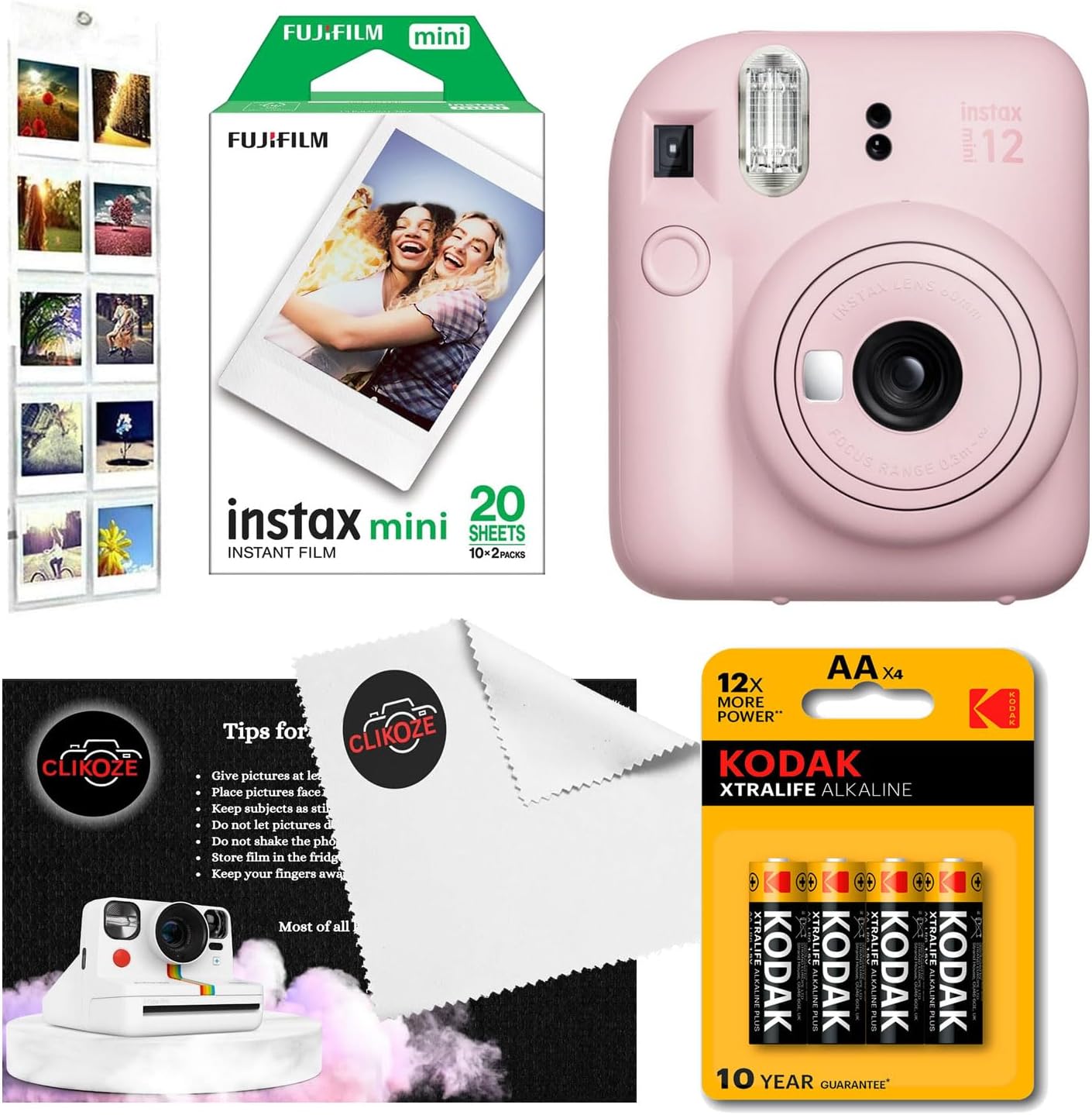 Instant Camera Bundle with Fujifilm Mini 12 Camera, Fujifilm 20 Shot Mini Film, 4 x AA Batteries, Wall Album, Clikoze Lens Cloth and Instant Photography Tips Card (Pink)