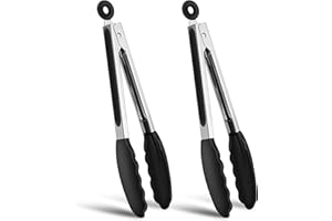 CHEERHOM 2 pinze per barbecue in acciaio inox, 26 cm, da cucina, con blocco, con manico in silicone resistente al calore e punta in silicone per barbecue e cucina