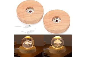kieyeeno 2 Stück Led Lichtsockel, LED-Lichtbasis aus Holz LED Sockel für Acrylglas Rund Led-Lichter Display-Basis Präsentationsständer mit USB-Kabel für Kristallkugel, Glas, Acryl - Warmes Licht