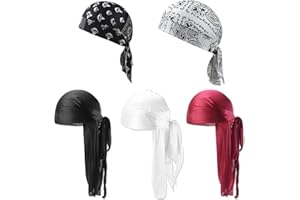 MLPKOI 5 Pezzi Fasce Lunghe Durag Unisex, Berretti da Pirata da Uomo in Seta a 360 Onde Cappuccio Elastico Waves con Code Lunghe e Cinghie per Donne e Uomini, Hip-Hop e Decorazioni Quotidiane