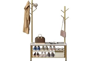 Yusong Shoe Bench with 2 Hall Tree Coat Racks Stand, 35.4" Industrial Entryway Bench 3 Tier Shoe Rack with 9 Hanging Hooks for Hallway Bedroom, White Marble Board and Gold Tube