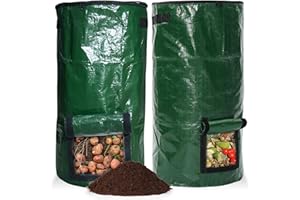 SUNOYA Compostador de pie, 2 unidades, compostador rápido con tapa, bolsa de compostaje reutilizable, plegable, compostador de jardín, contenedor de plástico para jardín, terraza y balcón (34 galones)