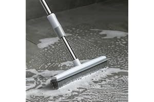 Hoquare 2 in 1 Rubber Broom with Squeegee, Carpet Brush Adjustable Long Handle, Soft Push Broom Pet Hair Removal Sweeping Carpet Cleaning Kit for Home Kitchen Garden Window