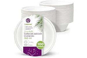 GOBETREE 100 Cuencos Desechables Papel de caña de azúcar de 350 ml. Vajilla desechable Biodegradable extrafuerte de Color Blanco. Bowl para Fiestas y desayunos. Cuencos de bagazo.