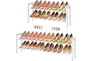 FAVOOSTY 2 Tier Shoe Rack Extendable Metal, Small Shoe Storage Organizer for Closet Inside Wardrobe, Slim Stand Shelf for Narrow Space Under Stairs Hallway, White
