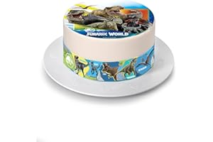 Kardasis Jurassic World Cialda per Torte in Pasta di Zucchero | Ostia Decorativa Commestibile per Torta | Divertenti Decorazioni per Torte di Compleanno a Tema | 20 cm + 4 Nastri 28x4 cm