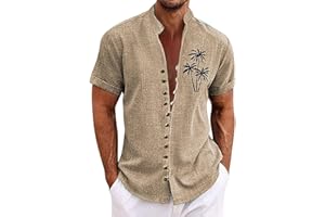 Rosennie Men's Hawaii Shirt, Stand-Up Collar, Palm Print, Summer Shirt, Short Sleeve, Button Placket, Beach Shirt, Loose Casual Shirts, Oversized T-Shirt, Lightweight Holiday Shirts, Traditional Shirt