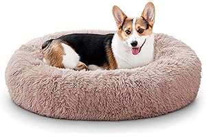 SunStyle Home Donut Dog Bed,Calming Round Dog Cat Bed Machine Washable, Soft and Fluffy Cuddler Pet Cushion Self-Warming Puppy Beds(Brown 70CM)