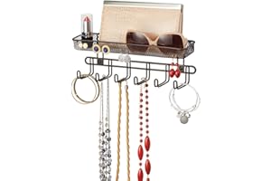 mDesign Jewellery Box - Jewellery Storage for Rings, Earrings, Necklaces and More - Jewellery Organiser with 6 Hooks and 2 Compartments - Jewellery Holder for Hanging - Bronze