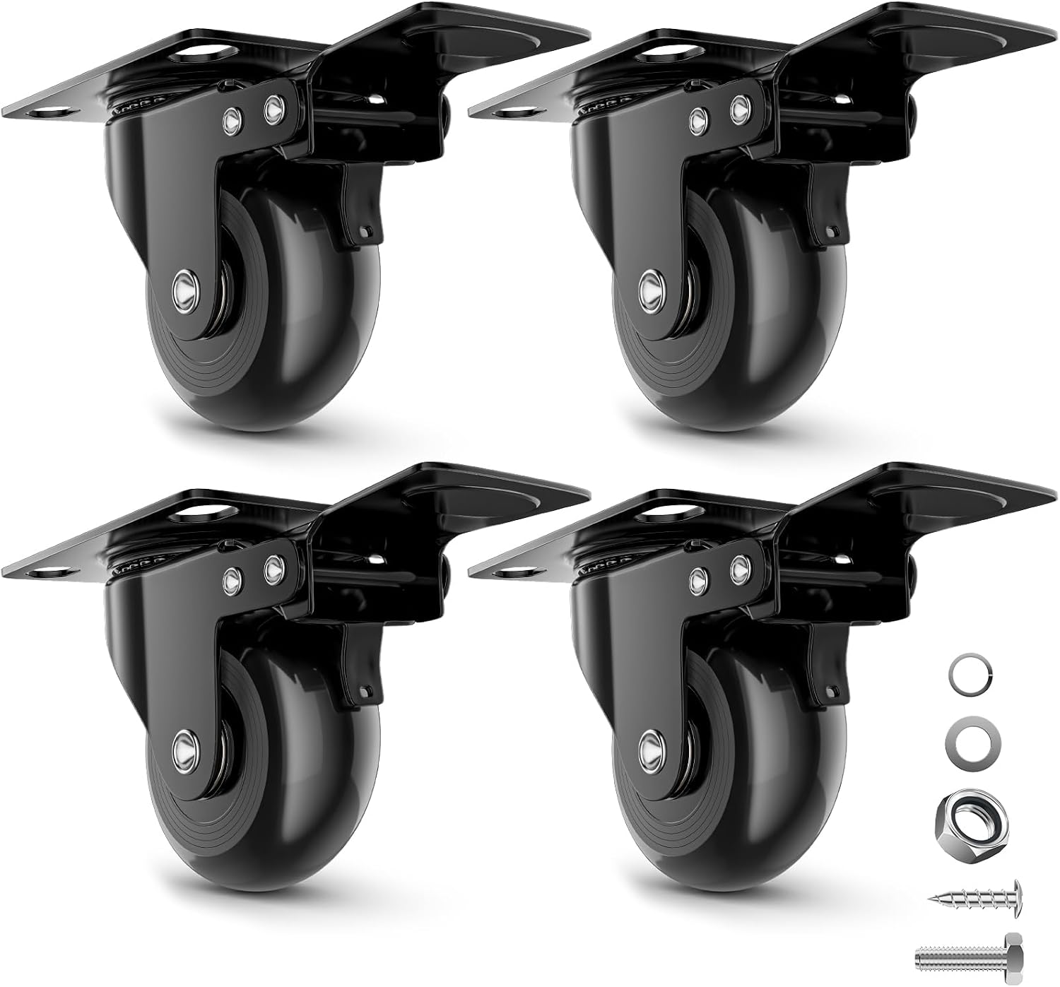 COSYLAND Ruedas para Muebles Pesados 50 mm, Juego de 4 Ruedas Giratorias 360° con Placa, Hasta 300 kg, No Dejan Marcas, para Transporte y Movimiento de Muebles, 4 Ruedas con Freno, Negro