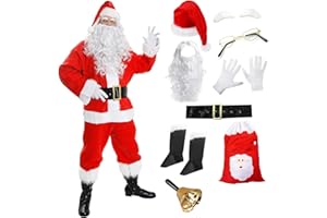 I LOVE FANCY DRESS Mens Deluxe Santa Suit - 12 Piece Father Christmas Costume including: Santa Claus Hat, Jacket, Trousers, Eyebrows, Glasses, Gloves, Boot Covers, Belt, Bell and Sack