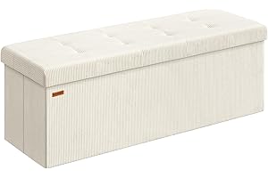 SONGMICS Puff Almacenaje, Baúl de Almacenaje Plegable, 38 x 110 x 38 cm, Taburete Reposapiés, Banco de Cama, Soporta hasta 300 kg, para Sala de Estar, Dormitorio, Entrada, Blanco Crema LSF604W01