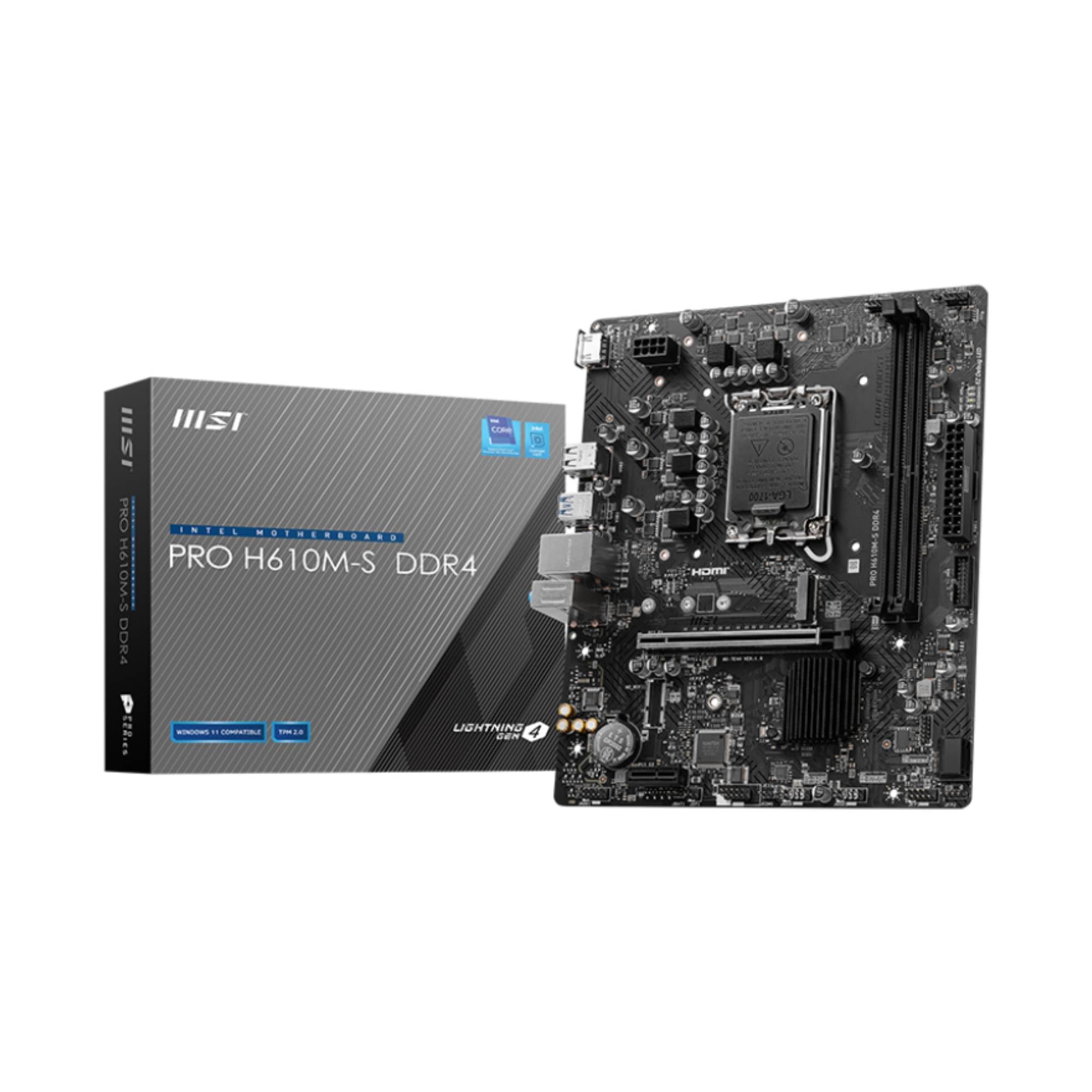 MSI PRO H610M-S DDR4 Motherboard, Micro-ATX - Support 14th/13th/12th Gen Intel Core Processors, LGA 1700, 1x PCIe 4.0 x16 Slot, 1 x M.2 Gen3, USB 3.2 Gen1, 1G LAN, HDMI 1.4 & VGA