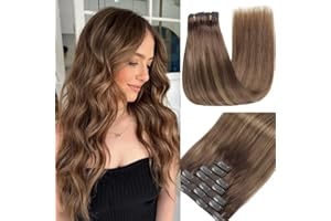 GUDOZO Extensiones Clip Pelo Natural 7pcs 35cm 80g Castaño Chocolate con Rubio Caramelo Oscuro Extensiones Pelo Natural Clip Extensiones De Cabello Natural(14Inch,4/4/27#)