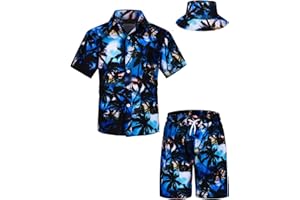 TUNEVUSE Kleine und große Jungen hawaiianisches Hemd und kurzes Set, Sommer Bedruckte Kinder Cabina Set mit Hüten