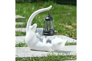 DECOROBBO Lumières solaires de Statue de jardin, 10 pouces lumières extérieures de Figurine de résine de chat pour Patio, balcon, pelouse, décoration de cour (Blanc-3)