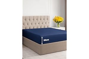 CGK UNLIMITED Fitted Sheet 180 x 200 cm Navy Blue 30 cm Base Height – Luxury Fitted Sheet for Single Bed – Fits Mattresses up to 30 cm Height – Soft, Wrinkle-Free and Breathable Bed Sheet – Single Pack