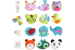 SoeUyd Zestaw do szycia dla dzieci, 12 sztuk, zestaw do szycia dla dzieci, zwierzęta leśne, filcowy zestaw do szycia dla dzieci, z watą wypełniającą, plastikowymi igłami, wypełnione, filcowe,