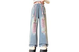 Panegy Ripped Jeans for Girls High Elastic Waist Baggy Casual Wide Leg Denim Jeans Fashion Washed Trousers with Pockets Stretchy Vintage Pants Age 5-15 Years