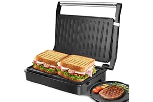 Aigostar Sandwich Toaster Panini Press, 1000W Deep Fill Toastie Maker, Non-Stick-Coated Aluminium Plates, Indicator Light, Stainless Steel, Black-Larissa