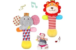 WEYSOO Soft Baby Rattles, 2 Pack Plush Animal Rattle Toys for Babies 0-6 Months, First Baby Sensory Toy with Sound for 0 3 6 Month Infant Gift (Elephant, Lion)