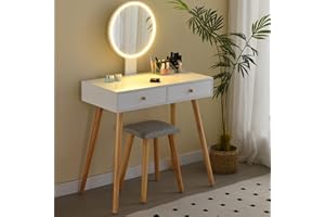 Ezigoo Dressing Table with Mirror and Stool White 80cm Length with Lights for Daily Makeup