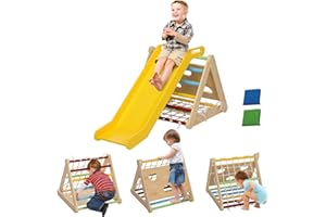 AIYAPLAY 5 en 1 Triangle d'escalade avec Toboggan Enfants, Parcours motricité bébé 18-48 Mois, Sacs de Sable et Filet d'escalade Inclus, Charge 50 kg, Multicolore