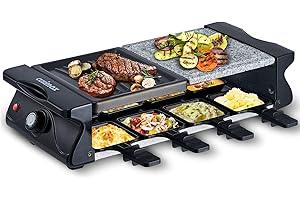 CUSIMAX Raclette Grill für 8 Personen Steinplatte und Grillplatte Antihaftbeschichtung, mit Mini-Käsepfanne für Indoor Grillgut, Stufenlos einstellbare Temperatur, 1200W, Schwar