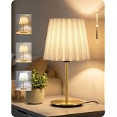 GOEBLESON Small Table Lamp, White and Gold | Wired Bedside Table Lamp with 3 Color Temperatures for Bedroom, Living Room and